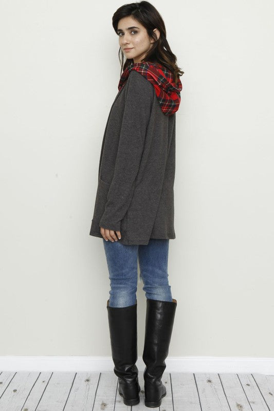 Plus Hooded plaid Trimmed Cardigan - OLYIE