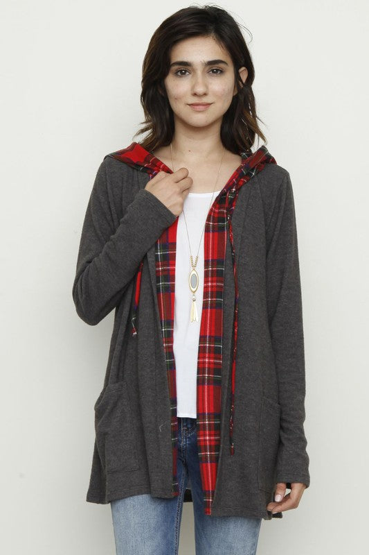 Plus Hooded plaid Trimmed Cardigan - OLYIE