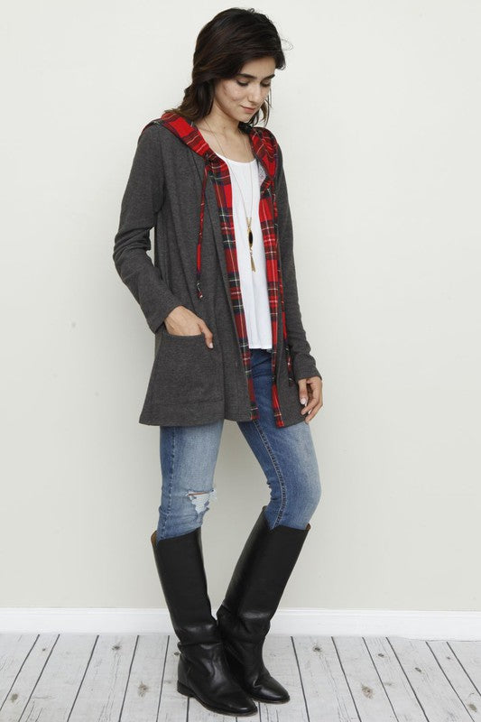 Plus Hooded plaid Trimmed Cardigan - OLYIE