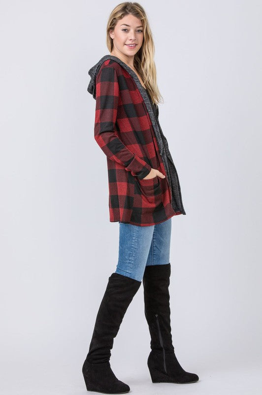Plus Plaid Checker Print Cardigan with Hoodie - OLYIE