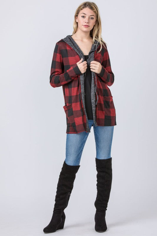 Plus Plaid Checker Print Cardigan with Hoodie - OLYIE