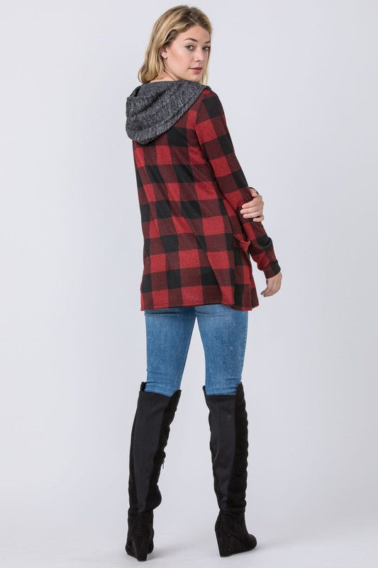 Plus Plaid Checker Print Cardigan with Hoodie - OLYIE
