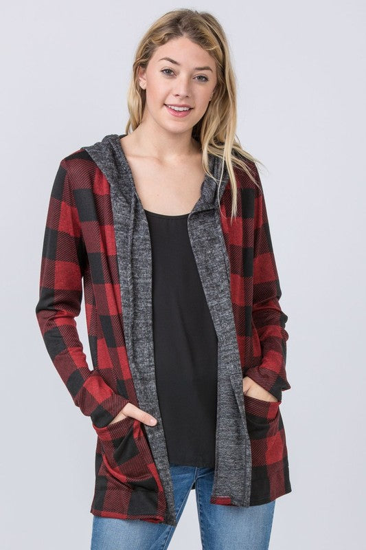 Plus Plaid Checker Print Cardigan with Hoodie - OLYIE