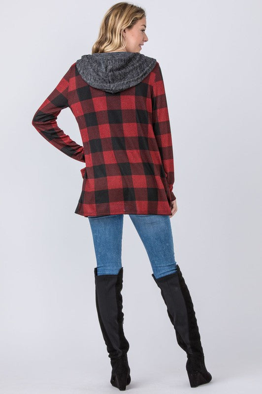 Plus Plaid Checker Print Cardigan with Hoodie - OLYIE