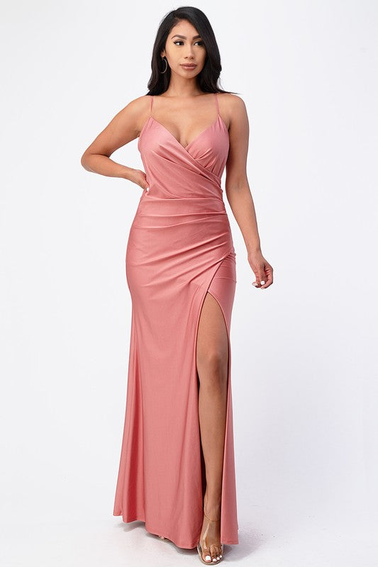 Tara side pleat overlap gown with side opening - OLYIE