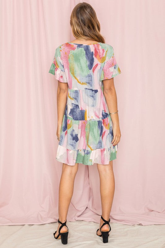 Tie Dye Ruffle Triple Tiered Midi Dress - OLYIE