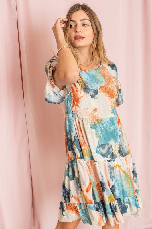 Tie Dye Ruffle Triple Tiered Midi Dress - OLYIE