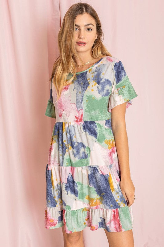 Tie Dye Ruffle Triple Tiered Midi Dress - OLYIE