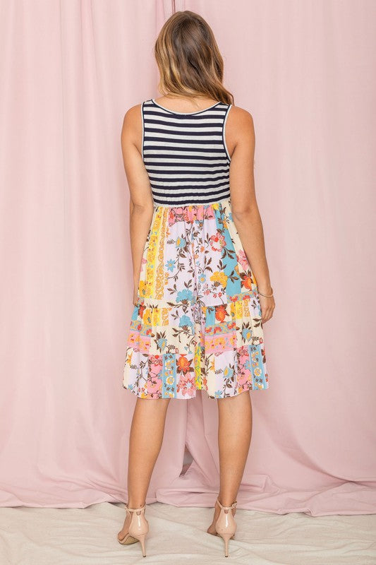 Striped Bohemian Floral Midi Dress - OLYIE