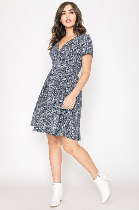Plus Ditsy Surplice Fit and Flare Midi Dress - OLYIE