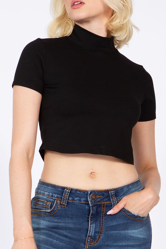 Turtleneck Crop Top Shirt Short Sleeve - OLYIE