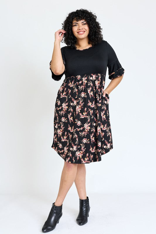 Plus Double Ruffle Sleeve Midi Dress - OLYIE