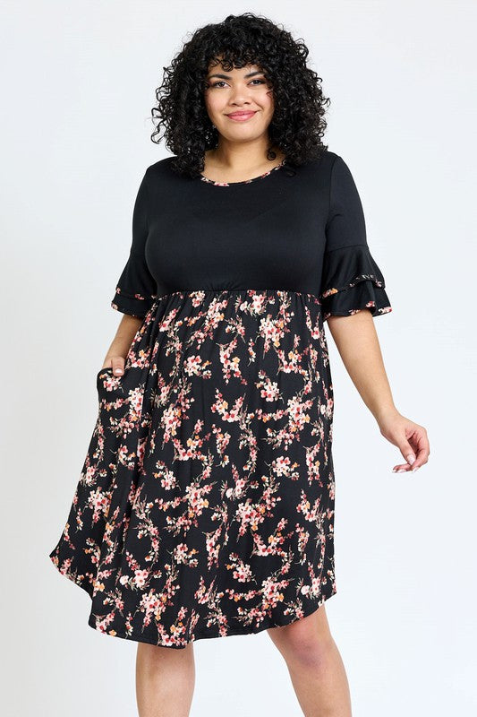 Plus Double Ruffle Sleeve Midi Dress - OLYIE