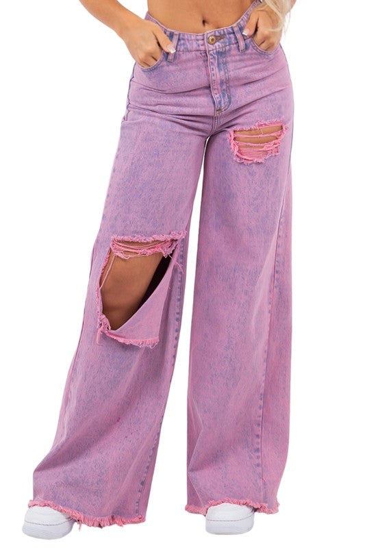 Vintage Ripped Wide Leg jean in Mineral Pink - OLYIE