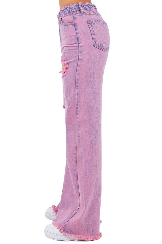 Vintage Ripped Wide Leg jean in Mineral Pink - OLYIE